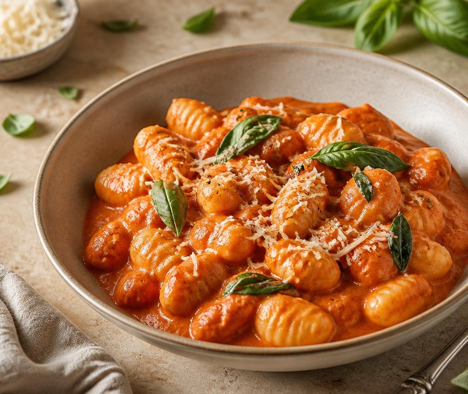 Romige tomaat-gnocchi met verse basilicum en geraspte kaas