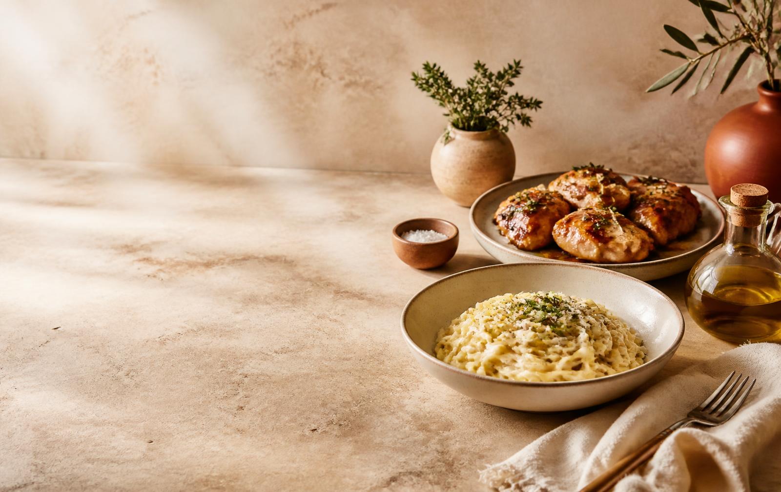 Warme tafel met romige pasta, gekaramelliseerde kip, olijfolie en verse kruiden