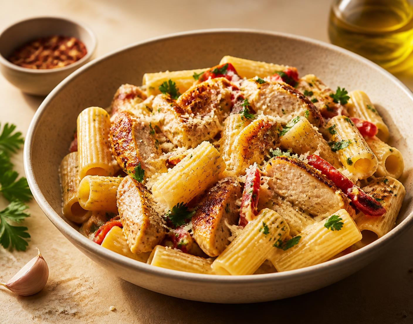 Romige rigatoni met gouden gebakken kip, paprika en Parmezaan in een keramische kom